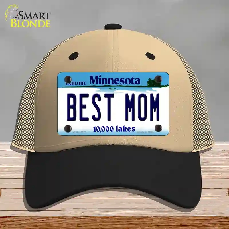 HAT02-MLP-11079 Best Mom Minnesota State Novelty License Plate Hat, Mesh - Khaki & Black