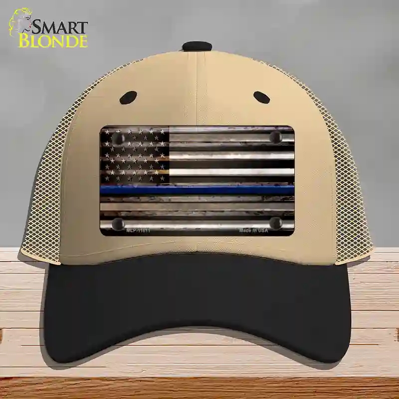 HAT02-MLP-11811 Thin Blue Line American Flag Novelty License Plate Hat, Mesh - Khaki & Black