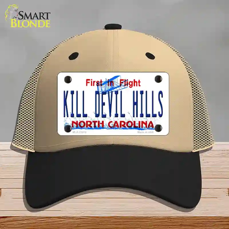 HAT02-MLP-11818 Kill Devil Hills North Carolina Novelty License Plate Hat, Mesh - Khaki & Black