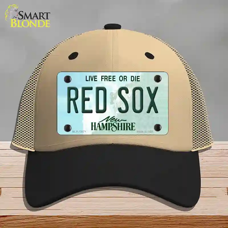 HAT02-MLP-12071 Red Sox   Hampshire State Novelty License Plate Hat, Mesh - Khaki & Black