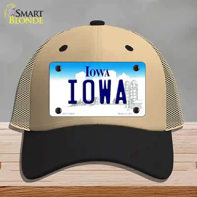 HAT02-MLP-10934 Iowa State Novelty License Plate Hat, Mesh - Khaki & Black