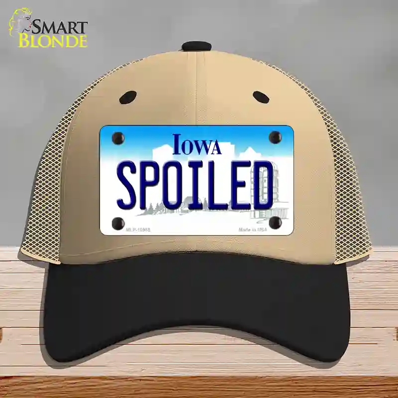 HAT02-MLP-10955 Spoiled Iowa Novelty License Plate Hat, Mesh - Khaki & Black