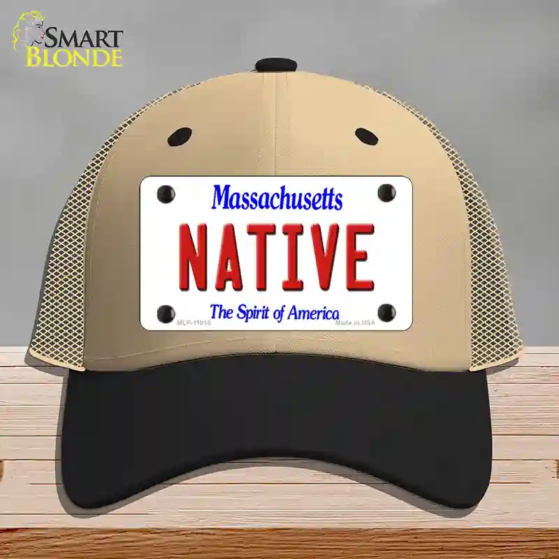 HAT02-MLP-11010 Native Massachusetts Novelty License Plate Hat, Mesh - Khaki & Black