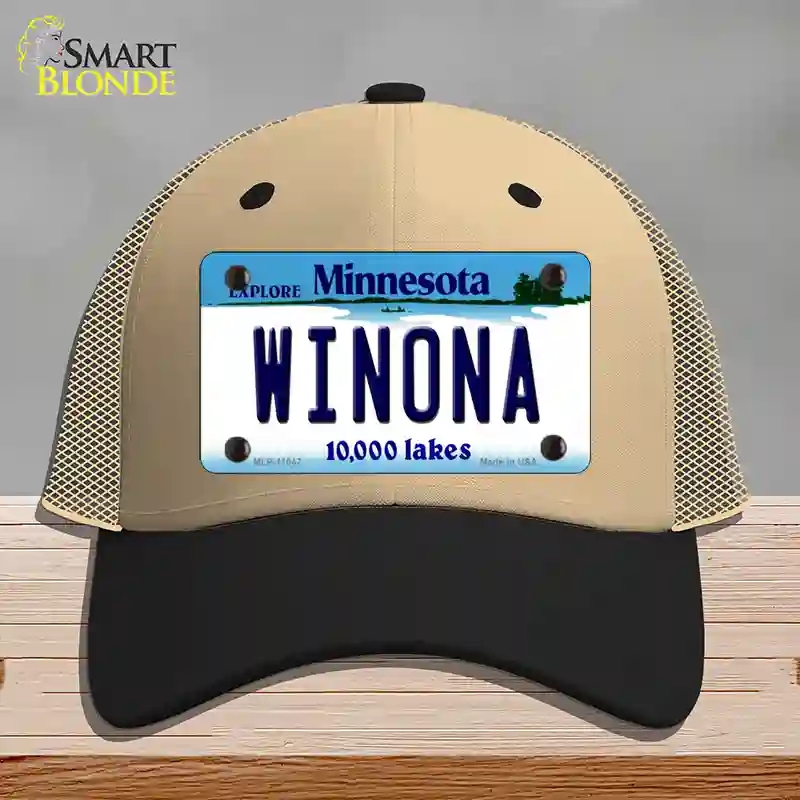 HAT02-MLP-11047 Winona Minnesota State Novelty License Plate Hat, Mesh - Khaki & Black