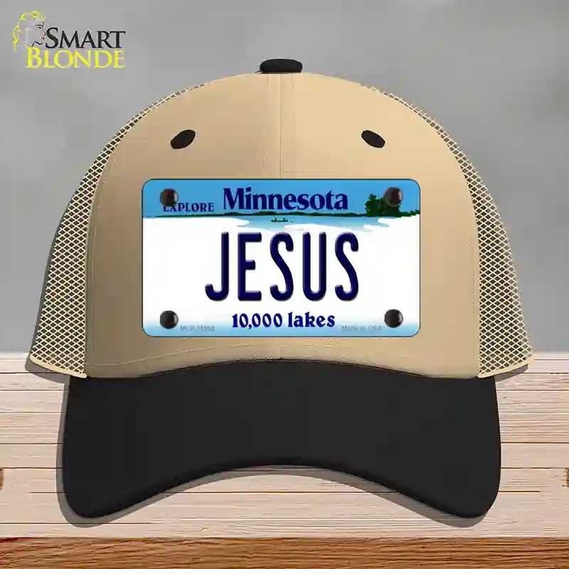 HAT02-MLP-11064 Jesus Minnesota State Novelty License Plate Hat, Mesh - Khaki & Black