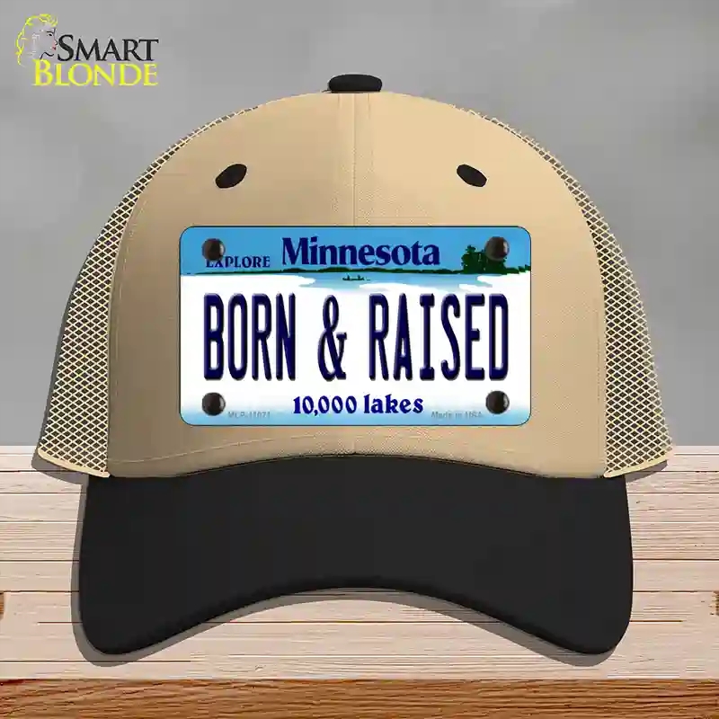 HAT02-MLP-11071 Born & Raised Minnesota State Novelty License Plate Hat, Mesh - Khaki & Black