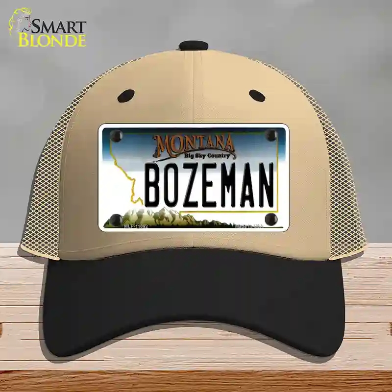 HAT02-MLP-11092 Bozeman Montana State Novelty License Plate Hat, Mesh - Khaki & Black