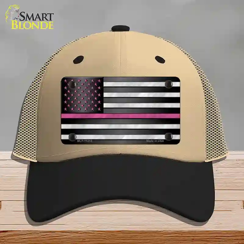 HAT02-MLP-11313 Thin Pink Line with Stars Novelty License Plate Hat, Mesh - Khaki & Black