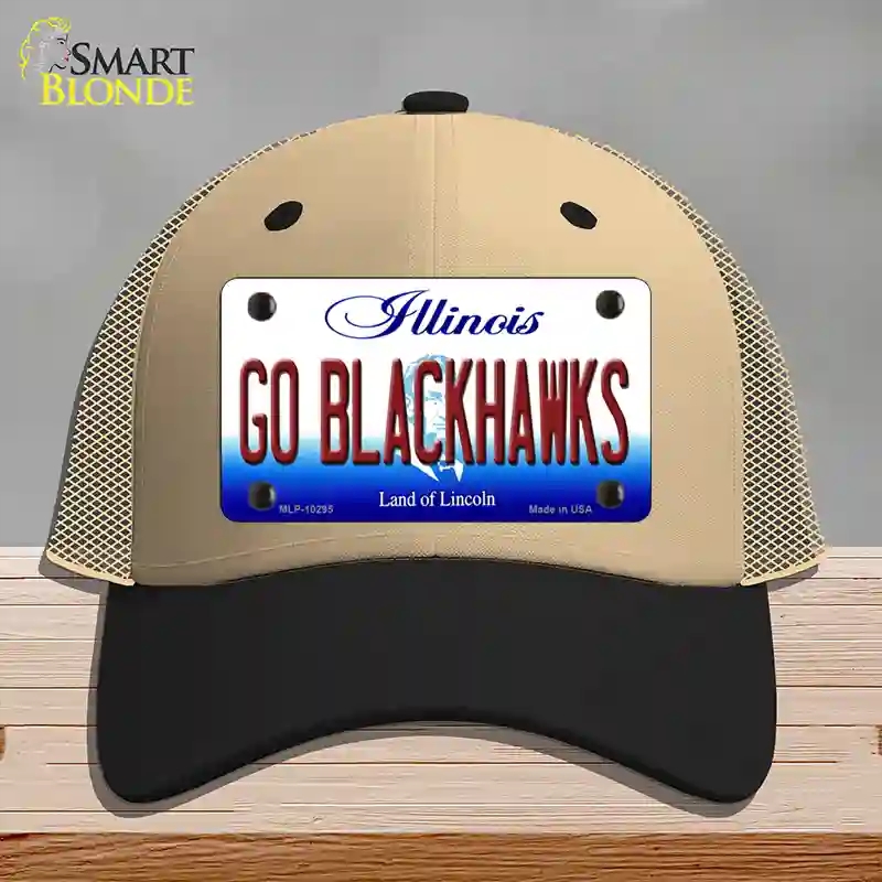 HAT02-MLP-10295 Go Blackhawks Illinois Novelty License Plate Hat, Mesh - Khaki & Black