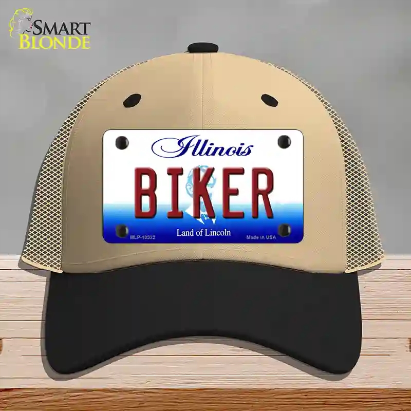 HAT02-MLP-10322 Biker Illinois Novelty License Plate Hat, Mesh - Khaki & Black