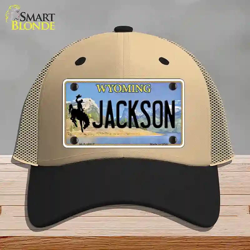 HAT02-MLP-10517 Jackson Wyoming Novelty License Plate Hat, Mesh - Khaki & Black