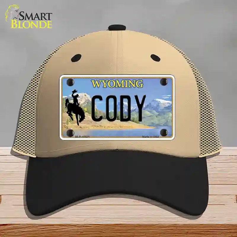 HAT02-MLP-10521 Cody Wyoming Novelty License Plate Hat, Mesh - Khaki & Black