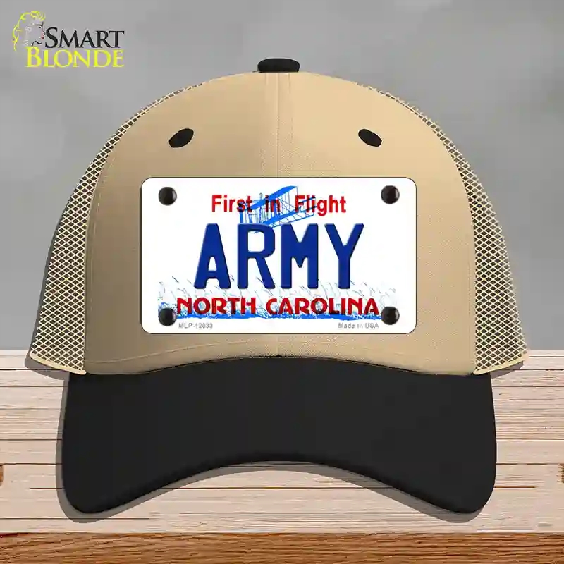 HAT02-MLP-12093 Army North Carolina State Novelty License Plate Hat, Mesh - Khaki & Black