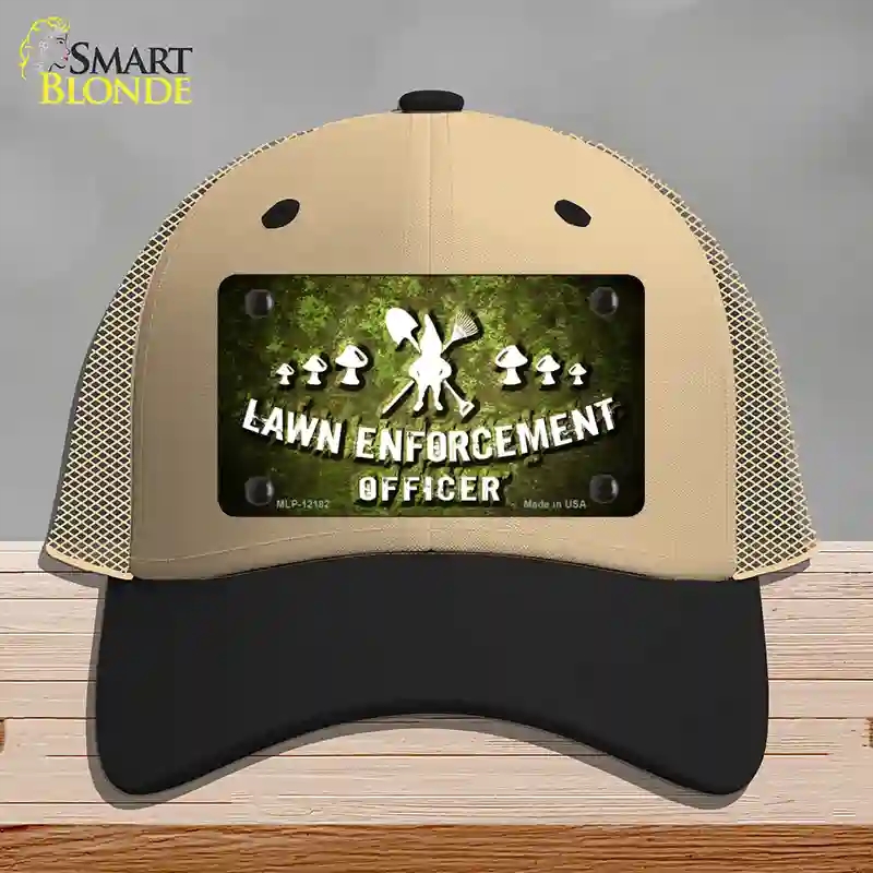 HAT02-MLP-12182 Lawn Enforcement Gnome Novelty License Plate Hat, Mesh - Khaki & Black