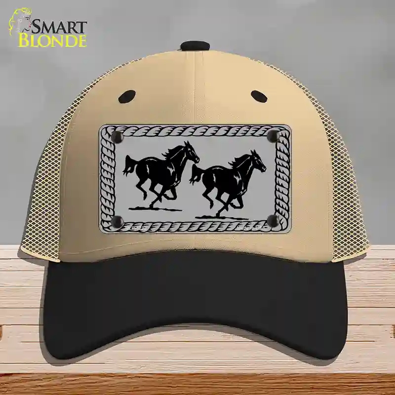 HAT02-MLP-1233 Two Running Horses Novelty License Plate Hat, Mesh - Khaki & Black