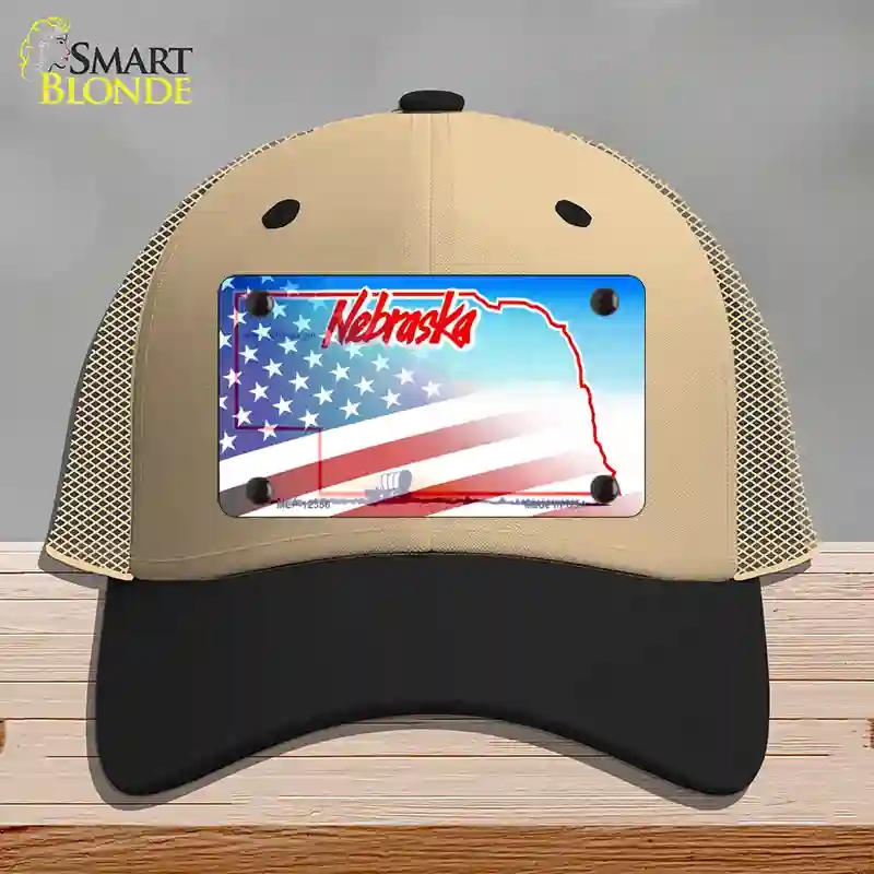 HAT02-MLP-12356 Nebraska with American Flag Novelty License Plate Hat, Mesh - Khaki & Black