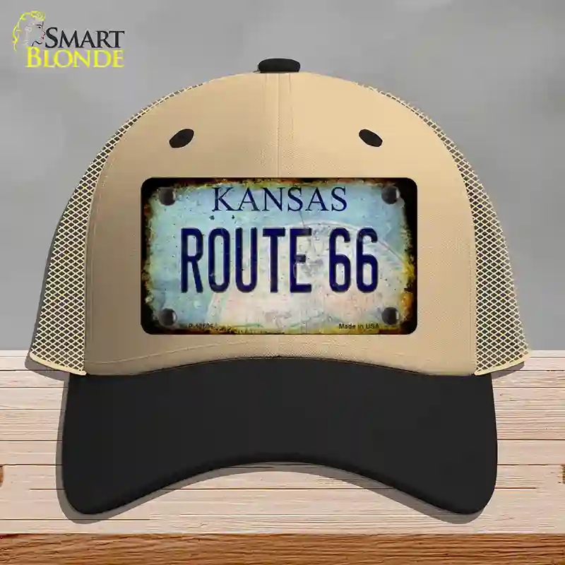 HAT02-MLP-12506 Route 66 Kansas Rusty Novelty License Plate Hat, Mesh - Khaki & Black