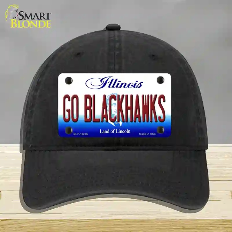 HAT07-MLP-10295 Go Blackhawks Illinois Novelty License Plate Hat, Unconstructed Cotton - Black