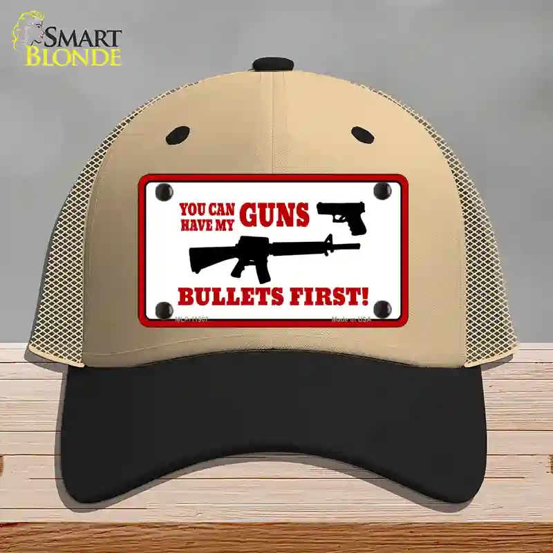 HAT02-MLP-11907 Bullets First Novelty License Plate Hat, Mesh - Khaki & Black