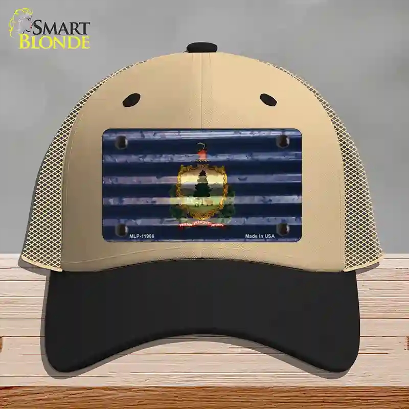 HAT02-MLP-11986 Vermont Corrugated Flag Novelty License Plate Hat, Mesh - Khaki & Black
