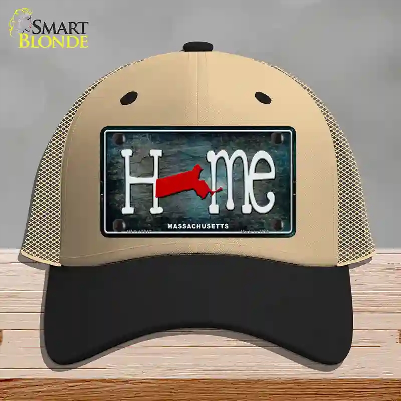 HAT02-MLP-12012 Massachusetts Home State Outline Novelty License Plate Hat, Mesh - Khaki & Black