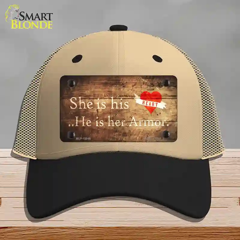 HAT02-MLP-12046 His Heart Her Armor Novelty License Plate Hat, Mesh - Khaki & Black