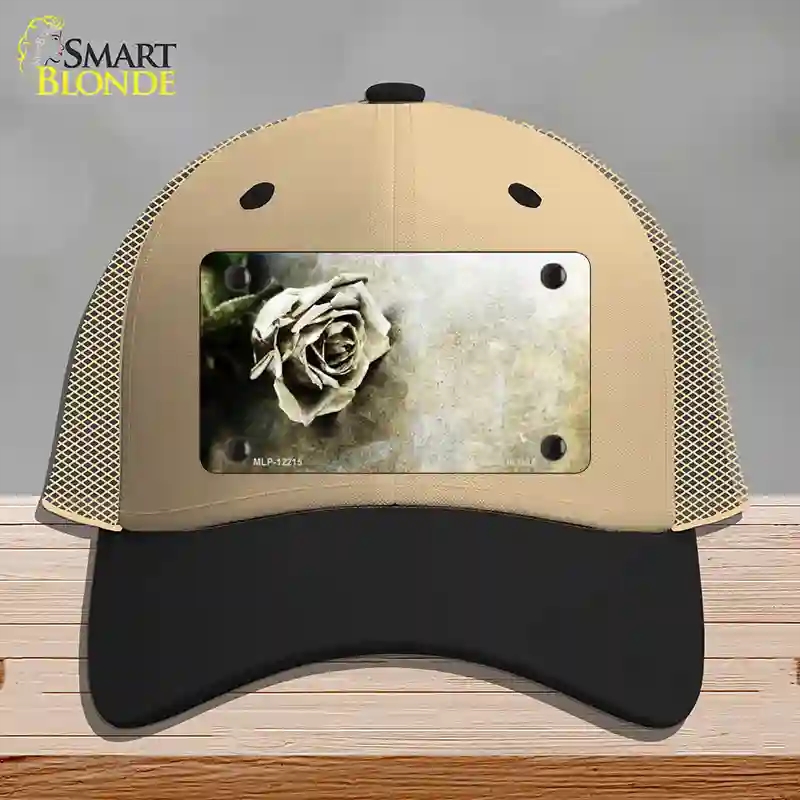 HAT02-MLP-12215 Black & White Rose Novelty License Plate Hat, Mesh - Khaki & Black