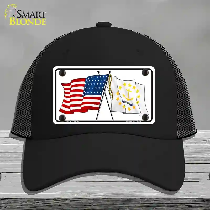 HAT01-MLP-11499 Rhode Island Crossed US Flag Novelty License Plate Hat, Mesh - Black