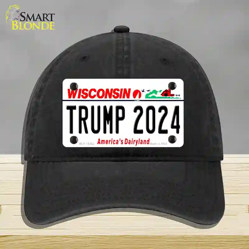 HAT07-MLP-12262 Trump 2024 Wisconsin Novelty License Plate Hat, Unconstructed Cotton - Black