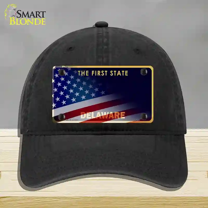HAT07-MLP-12337 Delaware with American Flag Novelty License Plate Hat, Unconstructed Cotton - Black