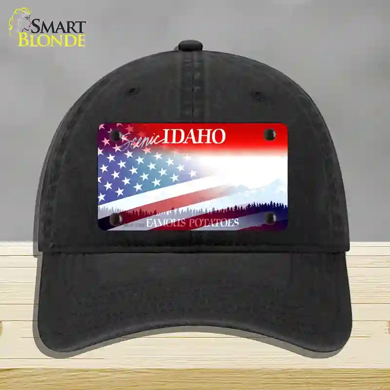 HAT07-MLP-12341 Idaho with American Flag Novelty License Plate Hat, Unconstructed Cotton - Black