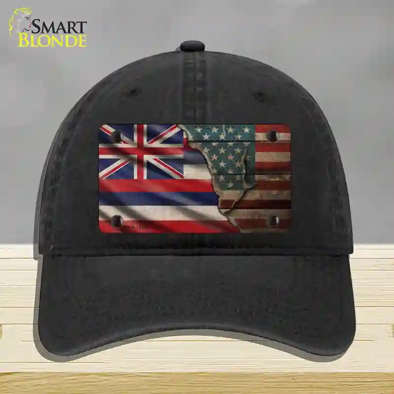 HAT07-MLP-12390 Hawaii & American Flag Novelty License Plate Hat, Unconstructed Cotton - Black