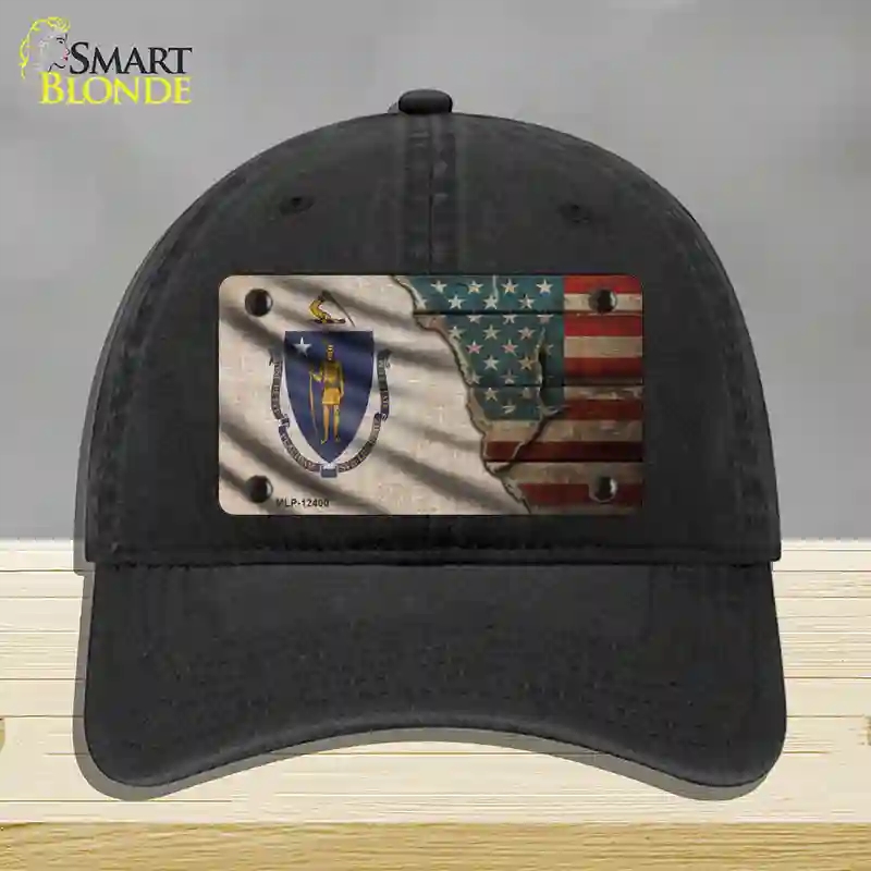 HAT07-MLP-12400 Massachusetts & American Flag Novelty License Plate Hat, Unconstructed Cotton - Black