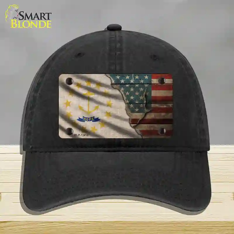 HAT07-MLP-12418 Rhode Island & American Flag Novelty License Plate Hat, Unconstructed Cotton - Black