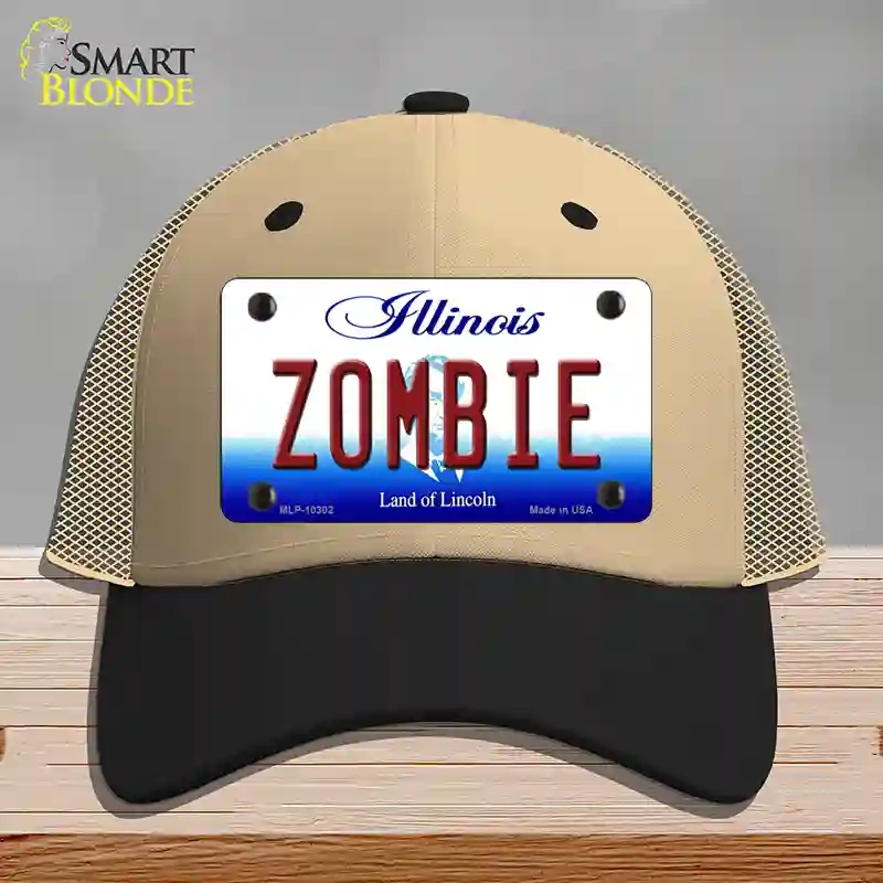 HAT02-MLP-10302 Zombie Illinois Novelty License Plate Hat, Mesh - Khaki & Black