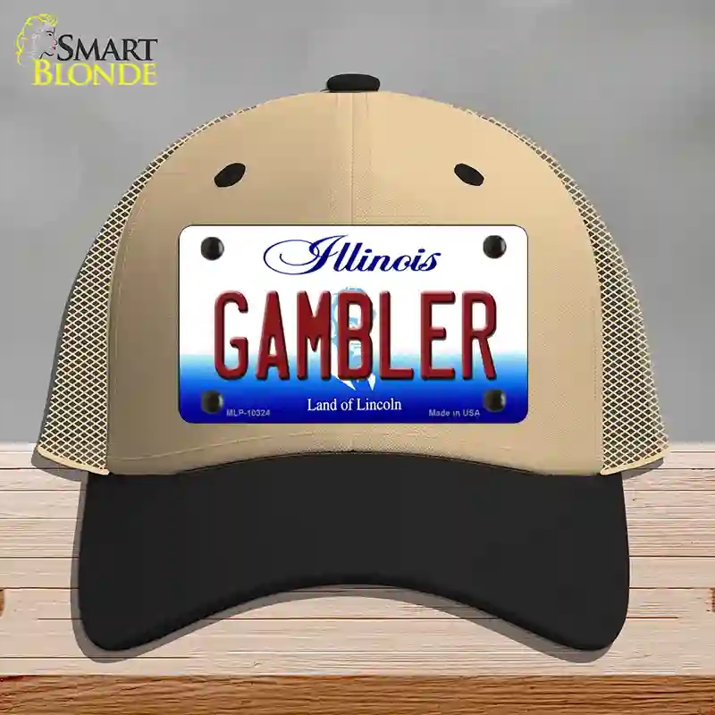 HAT02-MLP-10324 Gambler Illinois Novelty License Plate Hat, Mesh - Khaki & Black