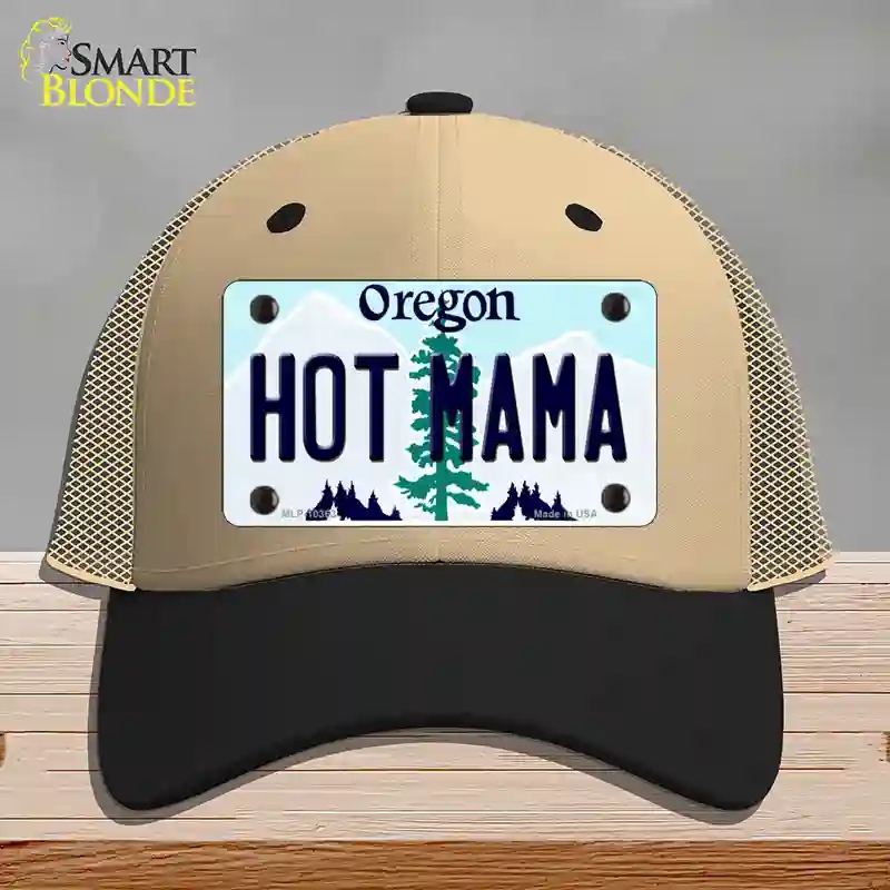 HAT02-MLP-10363 Hot Mama Oregon Novelty License Plate Hat, Mesh - Khaki & Black