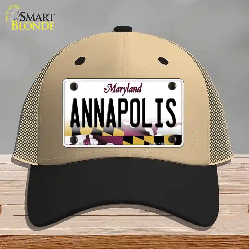 HAT02-MLP-10464 Annapolis Maryland Novelty License Plate Hat, Mesh - Khaki & Black