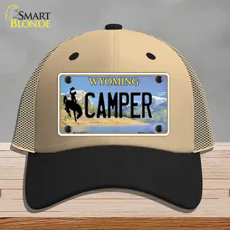 HAT02-MLP-10537 Camper Wyoming Novelty License Plate Hat, Mesh - Khaki & Black