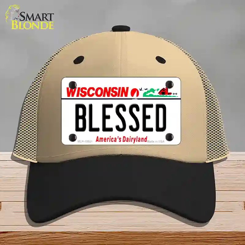HAT02-MLP-10651 Blessed Wisconsin Novelty License Plate Hat, Mesh - Khaki & Black