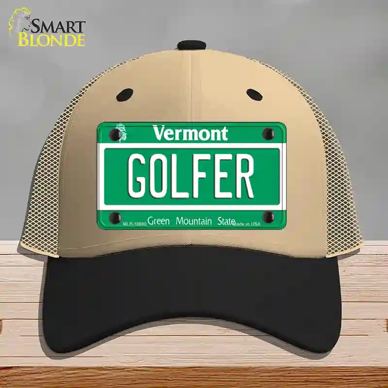 HAT02-MLP-10690 Golfer Vermont Novelty License Plate Hat, Mesh - Khaki & Black