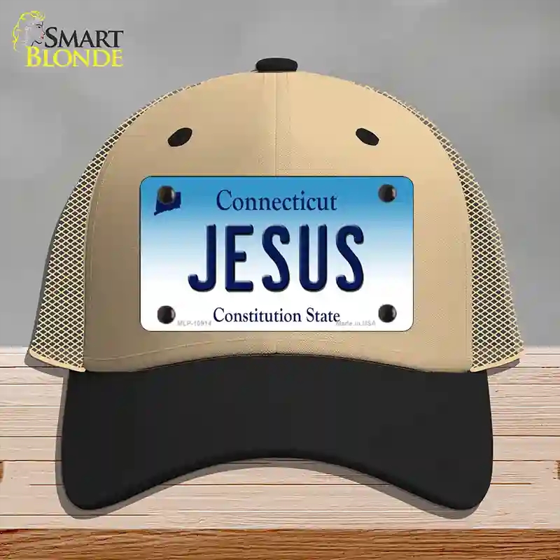 HAT02-MLP-10914 Jesus Connecticut Novelty License Plate Hat, Mesh - Khaki & Black