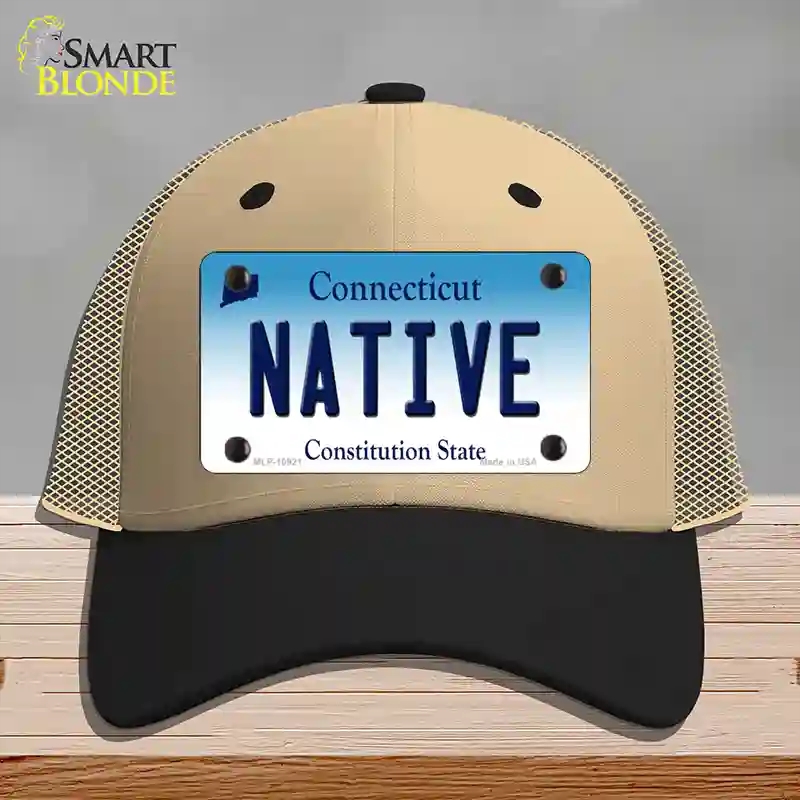 HAT02-MLP-10921 Native Connecticut Novelty License Plate Hat, Mesh - Khaki & Black