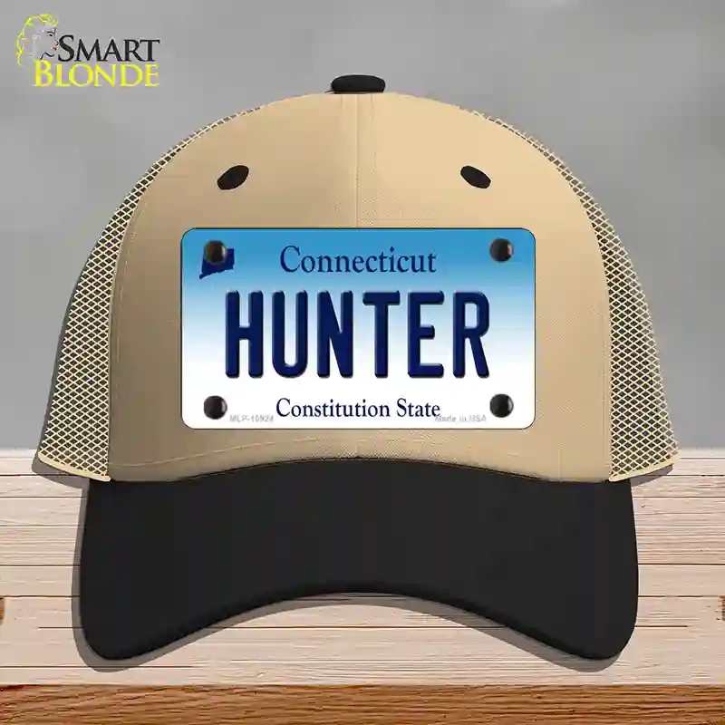 HAT02-MLP-10924 Hunter Connecticut Novelty License Plate Hat, Mesh - Khaki & Black
