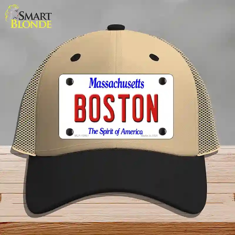 HAT02-MLP-10981 Boston Massachusetts Novelty License Plate Hat, Mesh - Khaki & Black