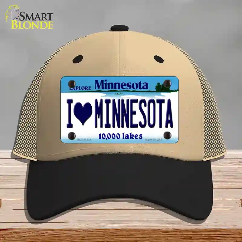 HAT02-MLP-11034 I Love Minnesota Novelty License Plate Hat, Mesh - Khaki & Black