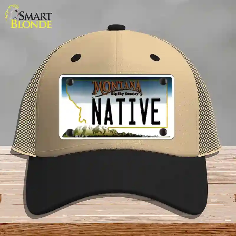 HAT02-MLP-11117 Native Montana State Novelty License Plate Hat, Mesh - Khaki & Black