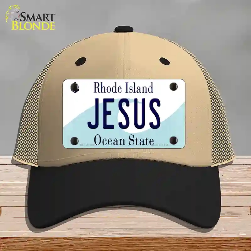 HAT02-MLP-11205 Jesus Rhode Island State Novelty License Plate Hat, Mesh - Khaki & Black