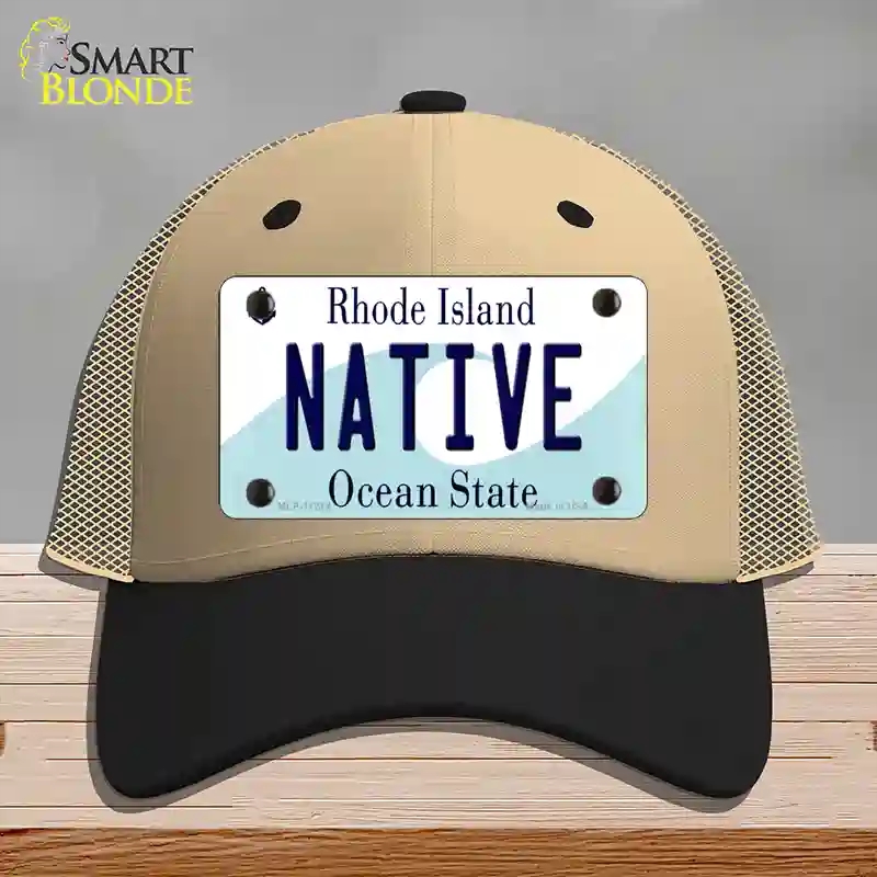 HAT02-MLP-11214 Native Rhode Island State Novelty License Plate Hat, Mesh - Khaki & Black