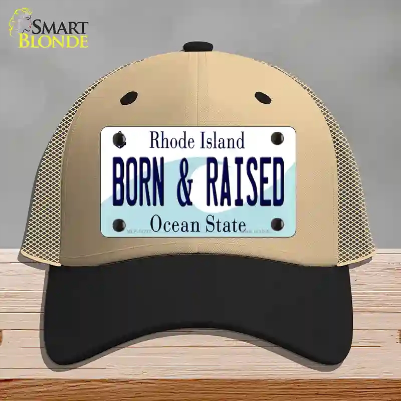 HAT02-MLP-11217 Born & Raised Rhode Island State Novelty License Plate Hat, Mesh - Khaki & Black